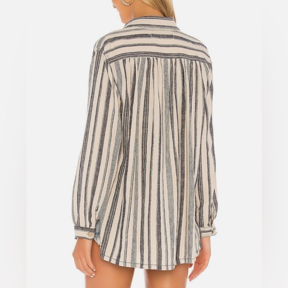 Free People Summer Breeze Stripe Popover Shirt Small Linen Blend Long Sleeve - Picture 2 of 10